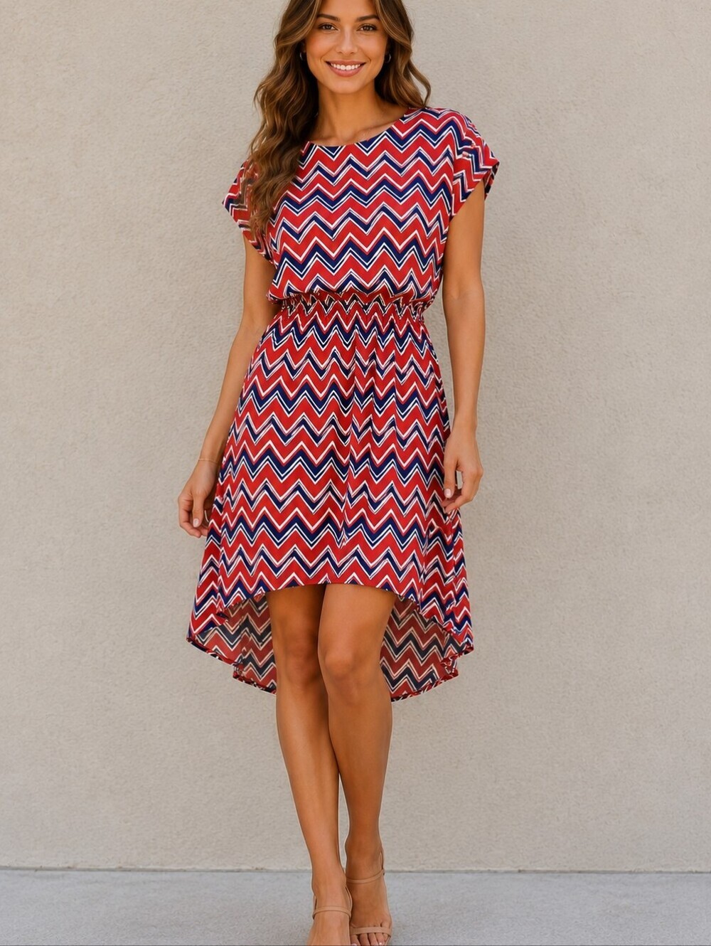 Sequin Hearts Dress Blue Orange Chevron Casual Modern Boho Summer Resort Small